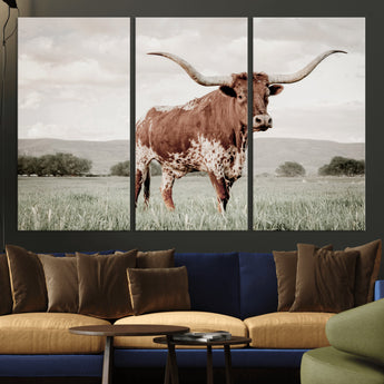 28309012-MGV-CV-36X24-Texas Longhorn Wall Art Canvas Print, Framed Spotted Cattle Art Picture Print, Horned Bull Perfect Rustic Western Decor Artwork