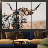70414966-MGV-CV-36X24-Texas Longhorn Wall Art Canvas Print, Framed Speckled Cow Art Picture Print, Horned Bull Perfect Rustic Western Decor Artwork