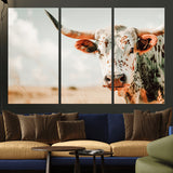 72766375-MGV-CV-36X24-Texas Longhorn Wall Art Canvas Print, Framed Spotted Cow Art Picture Print, Horned Cattle Perfect Rustic Western Decor Artwork