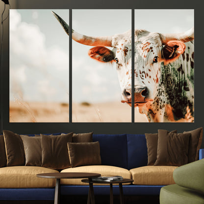 72766375-MGV-CV-36X24-Texas Longhorn Wall Art Canvas Print, Framed Spotted Cow Art Picture Print, Horned Cattle Perfect Rustic Western Decor Artwork