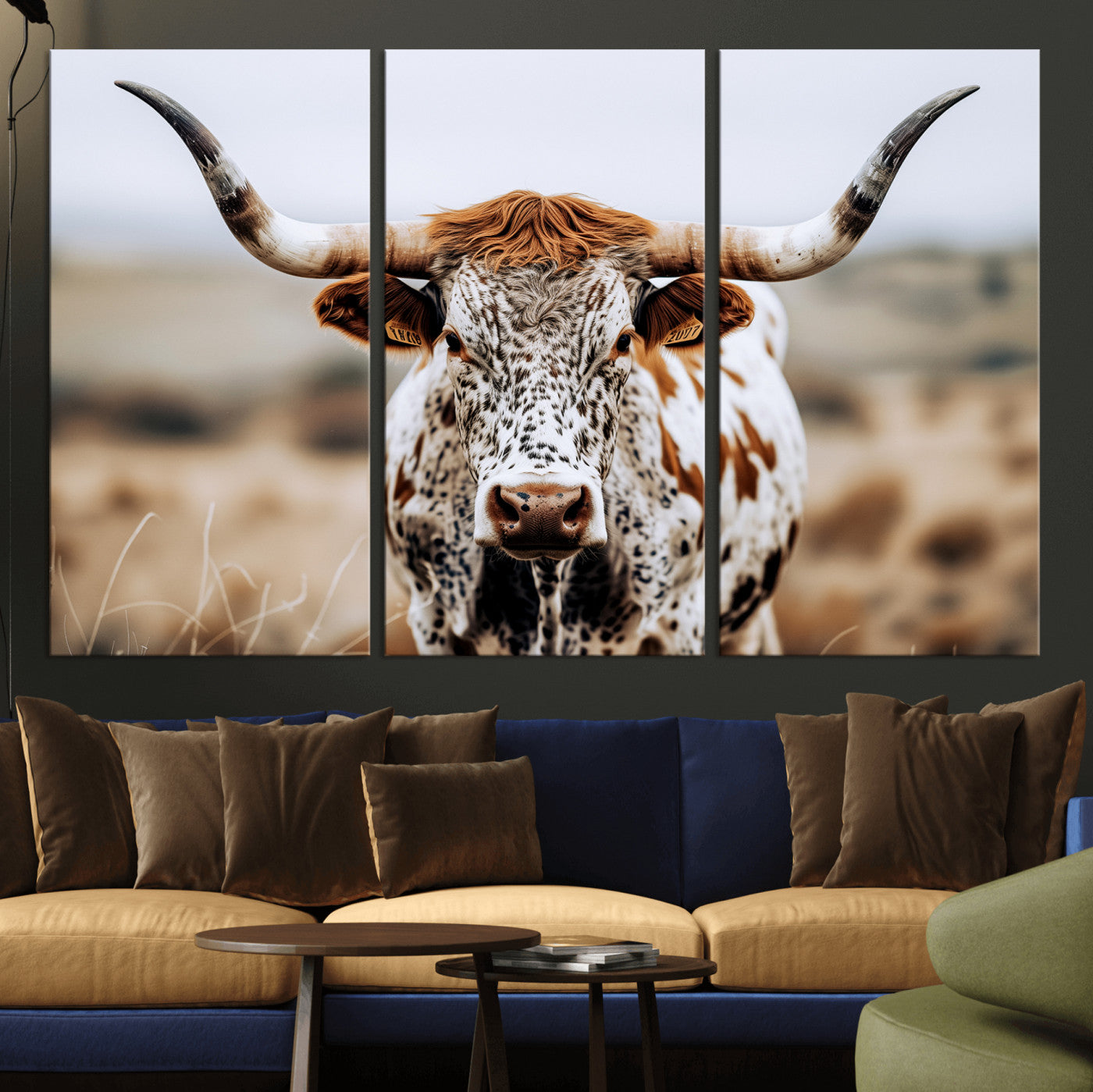 76294381-MGV-CV-36X24-Texas Longhorn Wall Art Canvas Print, Framed Spotted Cow Art Picture Print, Horned Cattle Perfect Rustic Western Decor Artwork