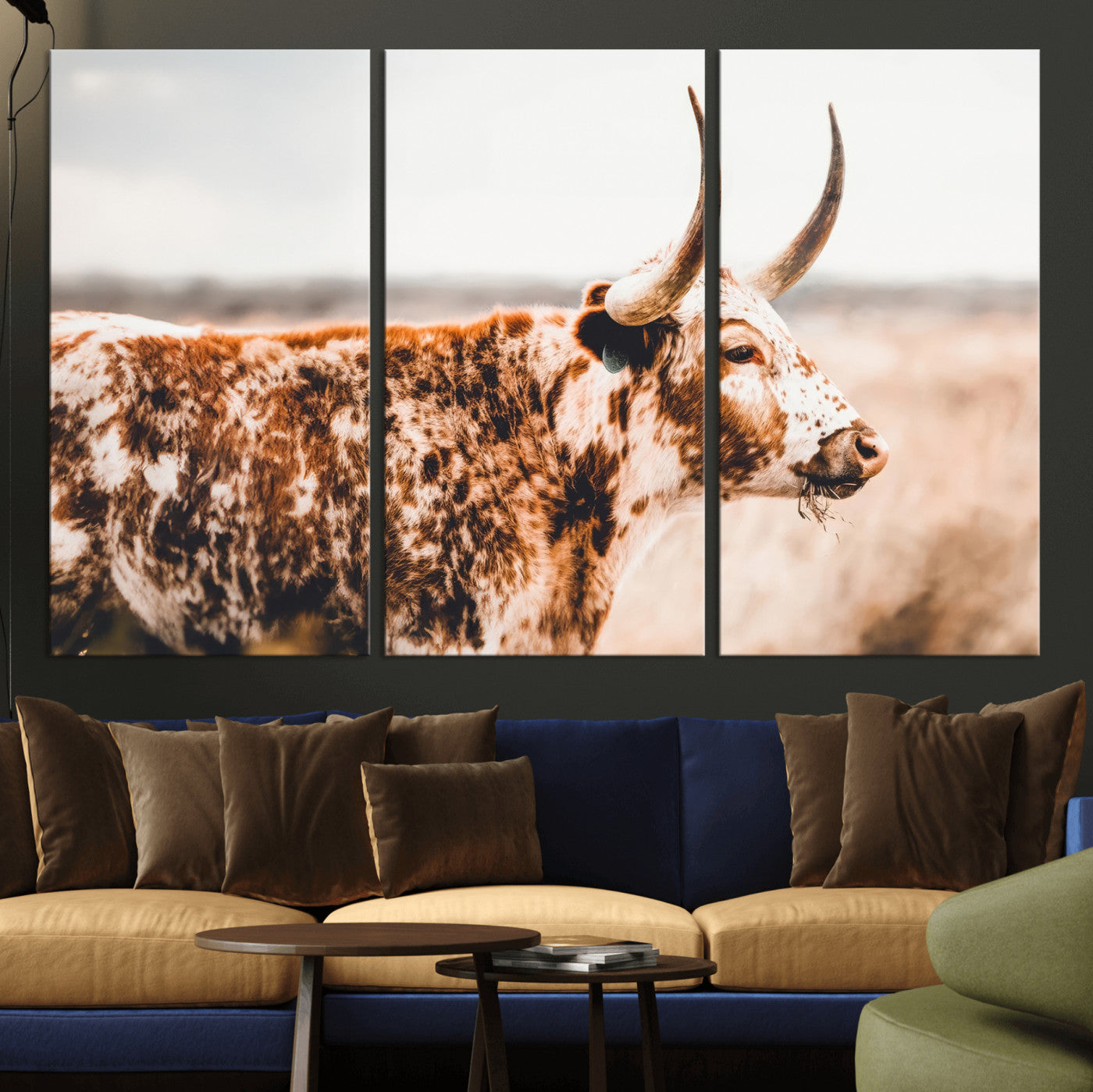 11528295-MGV-CV-36X24-Speckled Longhorn Wall Art Canvas Print, Framed Texas Cattle Art Picture Print, Horned Cow Perfect Rustic Western Decor Artwork