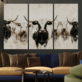 12027562-MGV-CV-36X24-Longhorn Cattle Wall Art Canvas Print, Framed Bison Herd Art Picture Print, Cattle Group Perfect Rustic Farmhouse Decor Artwork