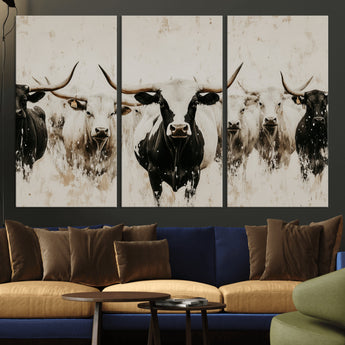 12027562-MGV-CV-36X24-Longhorn Cattle Wall Art Canvas Print, Framed Bison Herd Art Picture Print, Cattle Group Perfect Rustic Farmhouse Decor Artwork
