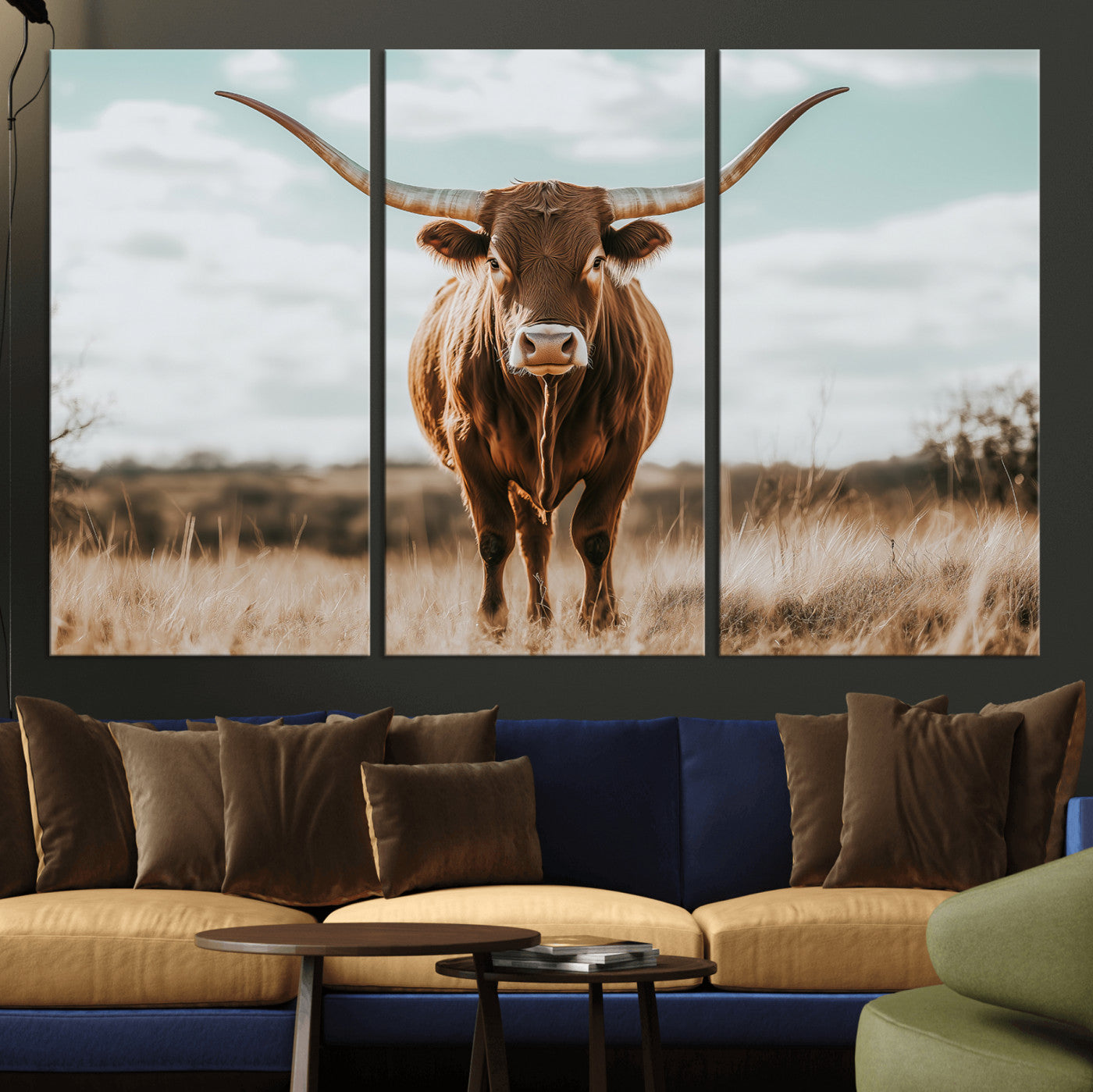 39350715-MGV-CV-36X24-Texas Longhorn Wall Art Canvas Print, Framed Longhorn Cow Art Picture Print, Western Cattle Perfect Rustic Western Decor Artwork