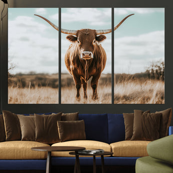 39350715-MGV-CV-36X24-Texas Longhorn Wall Art Canvas Print, Framed Longhorn Cow Art Picture Print, Western Cattle Perfect Rustic Western Decor Artwork