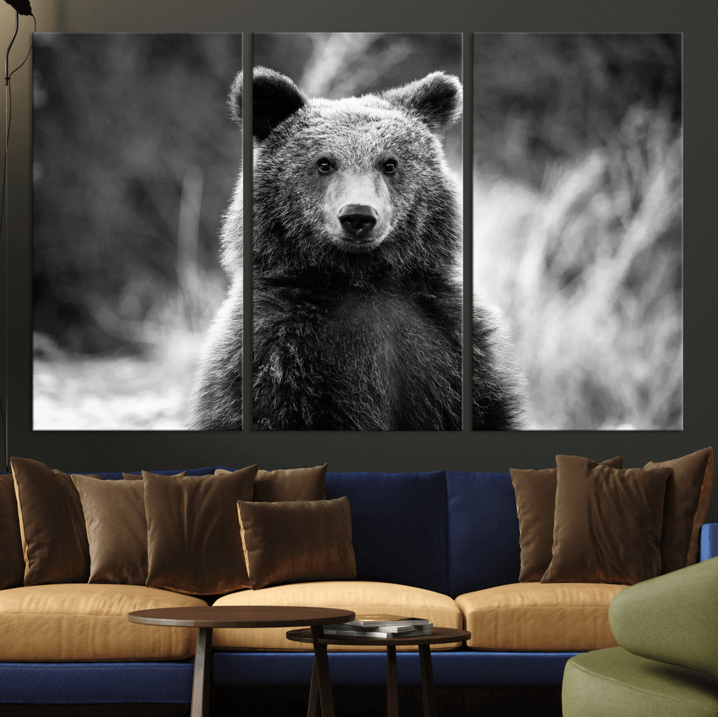 MGV-CV-48X32-3P - Grizzly Bear Wall Art Canvas Print, Framed Black White Bear Art Picture Print, Wild Bear Perfect Rustic Wildlife Decor Artwork