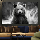 MGV-CV-48X32-3P - Grizzly Bear Wall Art Canvas Print, Framed Black White Bear Art Picture Print, Wild Bear Perfect Rustic Wildlife Decor Artwork