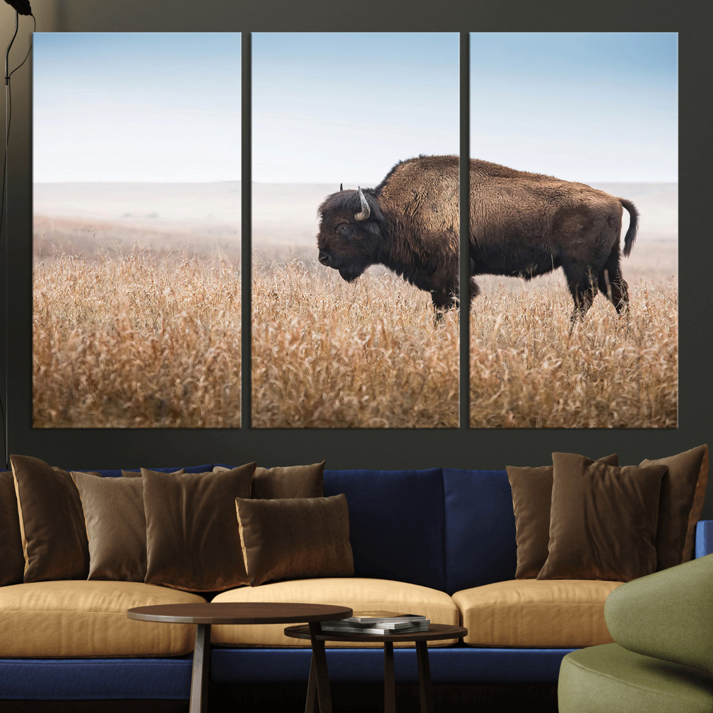 91267849-MGV-CV-36X24-Wild Bison Wall Art Canvas Print, Framed Bison in Prairie Art Picture Print, Rustic Western Perfect Rustic Western Decor Artwork