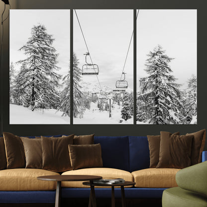 55003599-MGV-CV-36X24-Snowy Ski Lift Wall Art Canvas Print, Framed Winter Forest Art Picture Print, Ski lift Ride Perfect Winter Lodge Decor Artwork