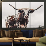 95249234-MGV-CV-36X24-Texas Longhorn Wall Art Canvas Print, Framed Spotted Bull Art Picture Print, Horned Cattle Perfect Rustic Farmhouse Decor Artwork