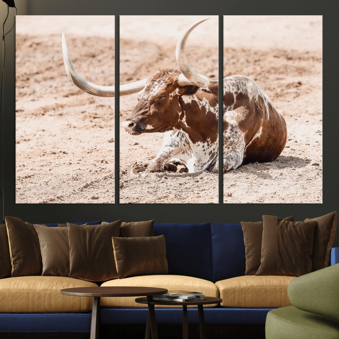 91248682-MGV-CV-36X24-Texas Longhorn Wall Art Canvas Print, Framed Resting Bull Art Picture Print, Spotted Cattle Perfect Rustic Western Decor Artwork