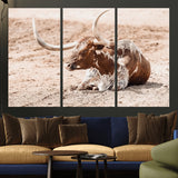 91248682-MGV-CV-36X24-Texas Longhorn Wall Art Canvas Print, Framed Resting Bull Art Picture Print, Spotted Cattle Perfect Rustic Western Decor Artwork