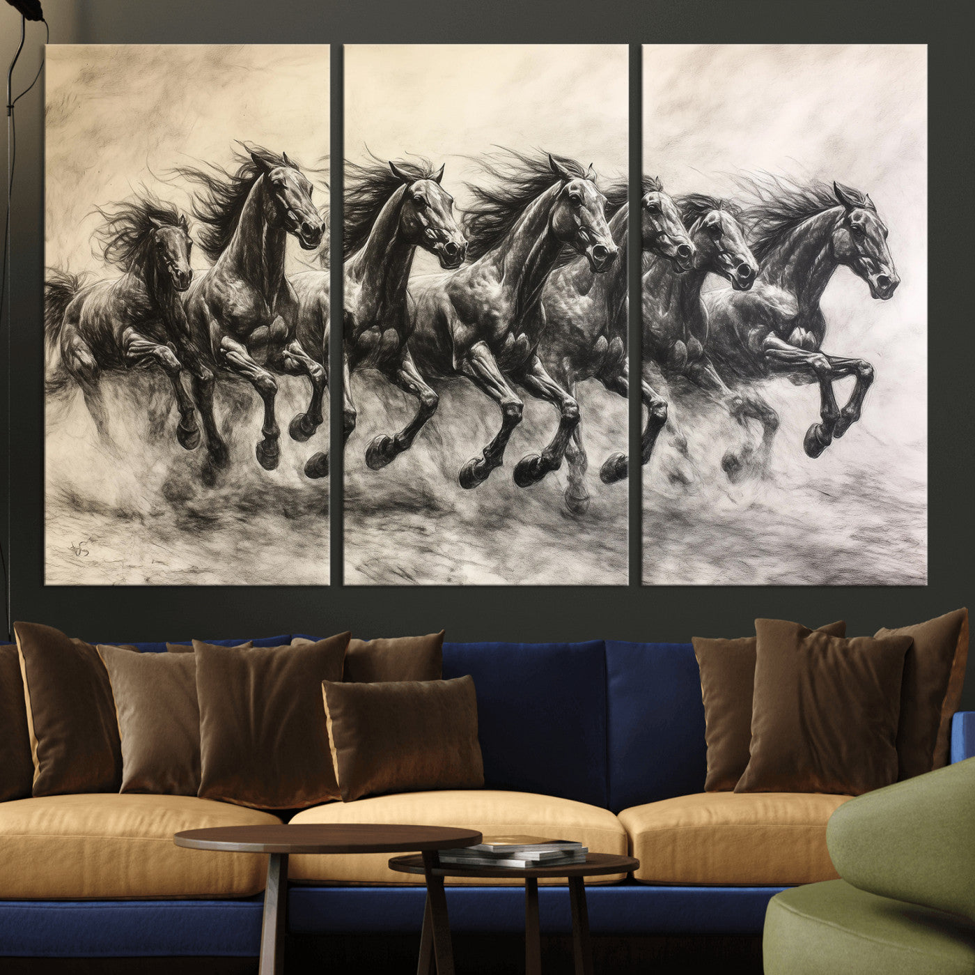 56089591-MGV-CV-36X24-Galloping Horses Wall Art Canvas Print, Framed Wild Stallions Art Picture Print, Horse Herd Sketch Perfect Monochrome Dynamic