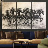 56089591-MGV-CV-36X24-Galloping Horses Wall Art Canvas Print, Framed Wild Stallions Art Picture Print, Horse Herd Sketch Perfect Monochrome Dynamic