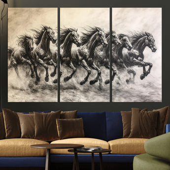 56089591-MGV-CV-36X24-Galloping Horses Wall Art Canvas Print, Framed Wild Stallions Art Picture Print, Horse Herd Sketch Perfect Monochrome Dynamic