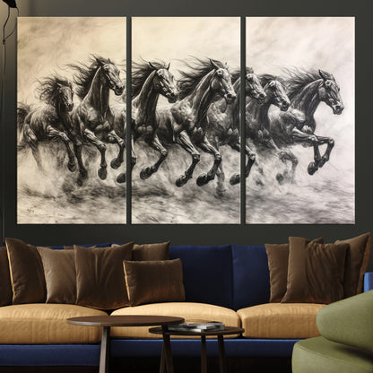 56089591-MGV-CV-36X24-Galloping Horses Wall Art Canvas Print, Framed Wild Stallions Art Picture Print, Horse Herd Sketch Perfect Monochrome Dynamic