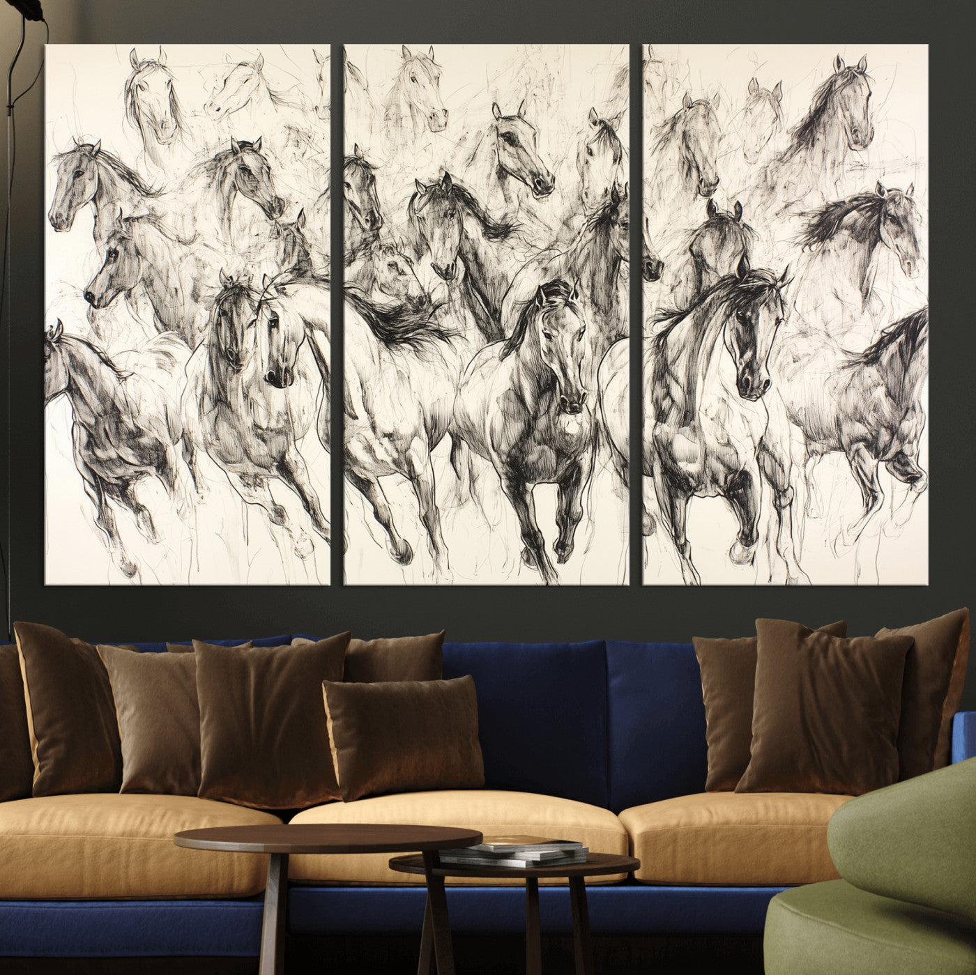 19433417-MGV-CV-36X24-Running Horses Wall Art Canvas Print, Framed Horse Sketch Art Picture Print, Galloping Herd Perfect Monochrome Western Decor