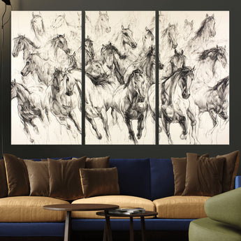19433417-MGV-CV-36X24-Running Horses Wall Art Canvas Print, Framed Horse Sketch Art Picture Print, Galloping Herd Perfect Monochrome Western Decor