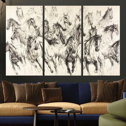 19433417-MGV-CV-36X24-Running Horses Wall Art Canvas Print, Framed Horse Sketch Art Picture Print, Galloping Herd Perfect Monochrome Western Decor