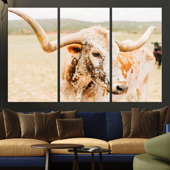 21060648-MGV-CV-36X24-Texas Longhorn Wall Art Canvas Print, Framed Speckled Cow Art Picture Print, Rustic Bull Perfect Rustic Western Decor Artwork