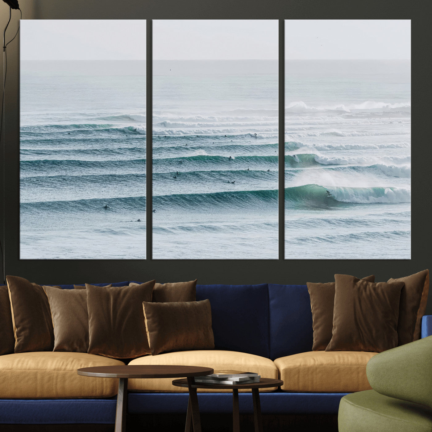 73969318-MGV-CV-36X24-Ocean Waves Wall Art Canvas Print, Framed Surfer Lineup Art Picture Print, Crowded Ocean Perfect Minimal Coastal Decor Artwork