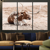 25407592-MGV-CV-36X24-Texas Longhorn Wall Art Canvas Print, Framed Resting Bull Art Picture Print, Spotted Cattle Perfect Rustic Western Decor Artwork