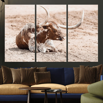 25407592-MGV-CV-36X24-Texas Longhorn Wall Art Canvas Print, Framed Resting Bull Art Picture Print, Spotted Cattle Perfect Rustic Western Decor Artwork