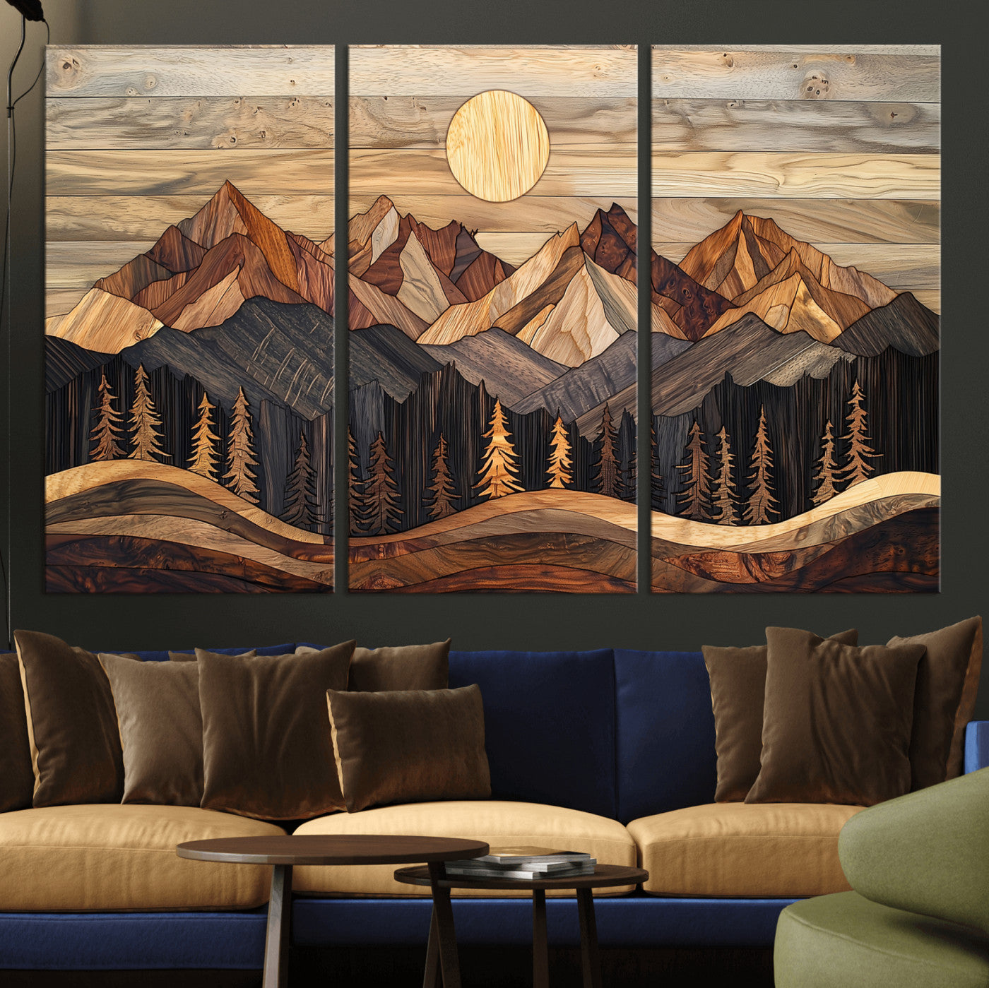 50100230-MGV-CV-36X24-Wooden Mountain Wall Art – Rustic Nature Landscape Canvas Print, Handmade Style Sun, Forest, and Peaks Artwork for Living Room,