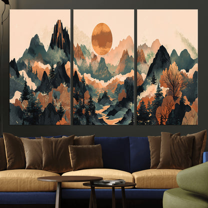 13012770-MGV-CV-36X24-Mountain Landscape Wall Art – Modern Nature Canvas Print with Sun, Misty Peaks, and Forest in Orange and Green Tones for Living