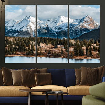 36247746-MGV-CV-36X24-Snowy Peaks Wall Art Canvas Print, Framed Alpine Lake Art Picture Print, Pine Forest Perfect Alpine Wilderness Decor Artwork