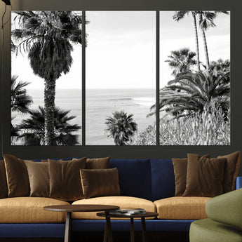 89458520-MGV-CV-36X24-Palm Trees Wall Art Canvas Print, Framed Coastal View Art Picture Print, Ocean Horizon Perfect Monochrome Coast Decor Artwork