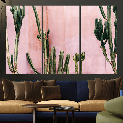 93119502-MGV-CV-36X24-Tall Cactus Wall Art Canvas Print, Framed Pink Wall Art Picture Print, Cactus Lines Perfect Modern Desert Decor Artwork