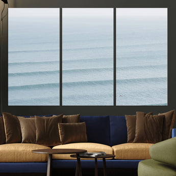 47814787-MGV-CV-36X24-Ocean Waves Wall Art Canvas Print, Framed Solo Surfer Art Picture Print, Wave Lines Perfect Minimalist Ocean Decor Artwork