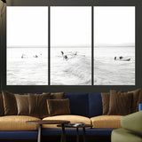 33449548-MGV-CV-36X24-Group Surfers Wall Art Canvas Print, Framed Ocean Wave Art Picture Print, Surf Crowd Perfect Monochrome Surf Decor Artwork
