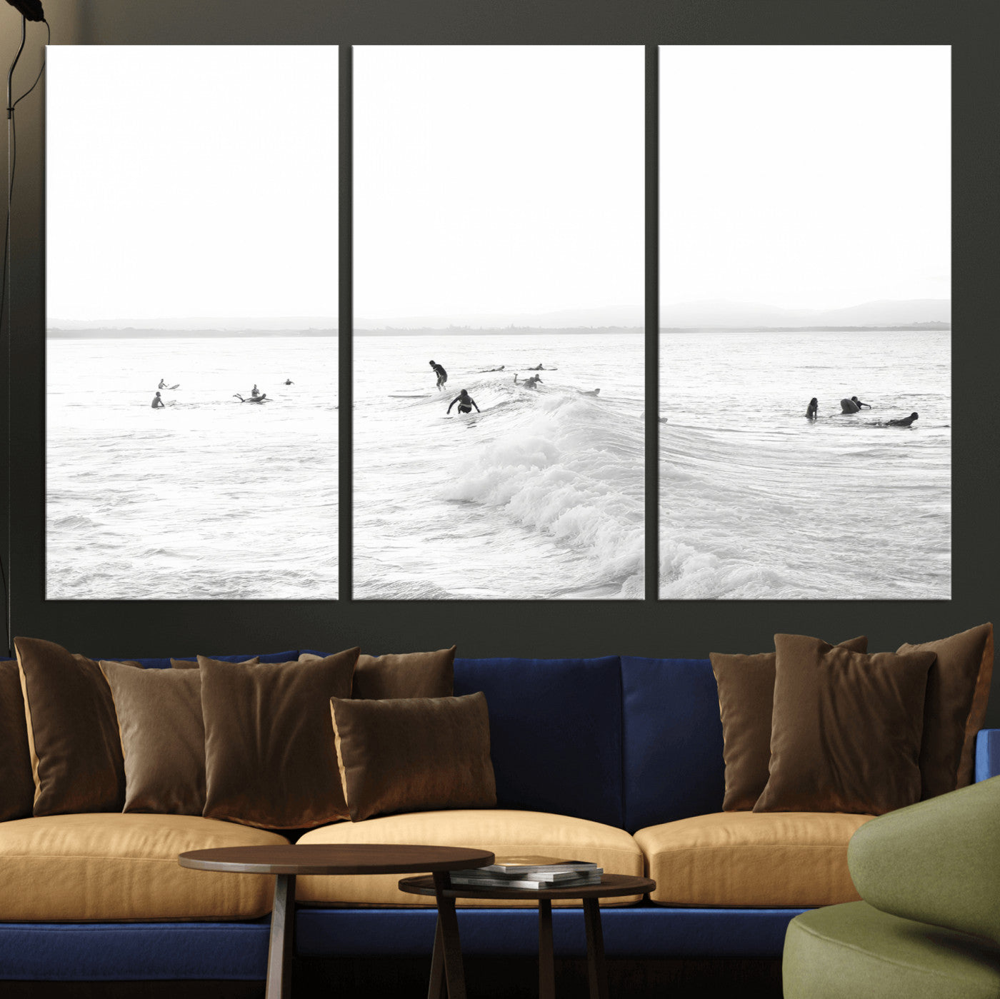 33449548-MGV-CV-36X24-Group Surfers Wall Art Canvas Print, Framed Ocean Wave Art Picture Print, Surf Crowd Perfect Monochrome Surf Decor Artwork