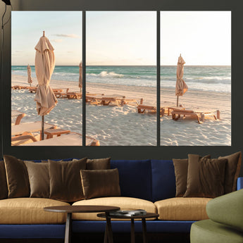 58507949-MGV-CV-36X24-Beach Umbrellas Wall Art Canvas Print, Framed Empty Loungers Art Picture Print, Soft Sand Perfect Minimalist Seaside Decor Artwork