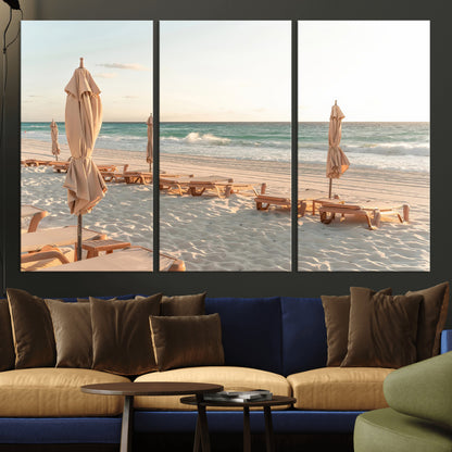 58507949-MGV-CV-36X24-Beach Umbrellas Wall Art Canvas Print, Framed Empty Loungers Art Picture Print, Soft Sand Perfect Minimalist Seaside Decor Artwork