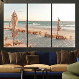 58507949-MGV-CV-36X24-Beach Umbrellas Wall Art Canvas Print, Framed Empty Loungers Art Picture Print, Soft Sand Perfect Minimalist Seaside Decor Artwork