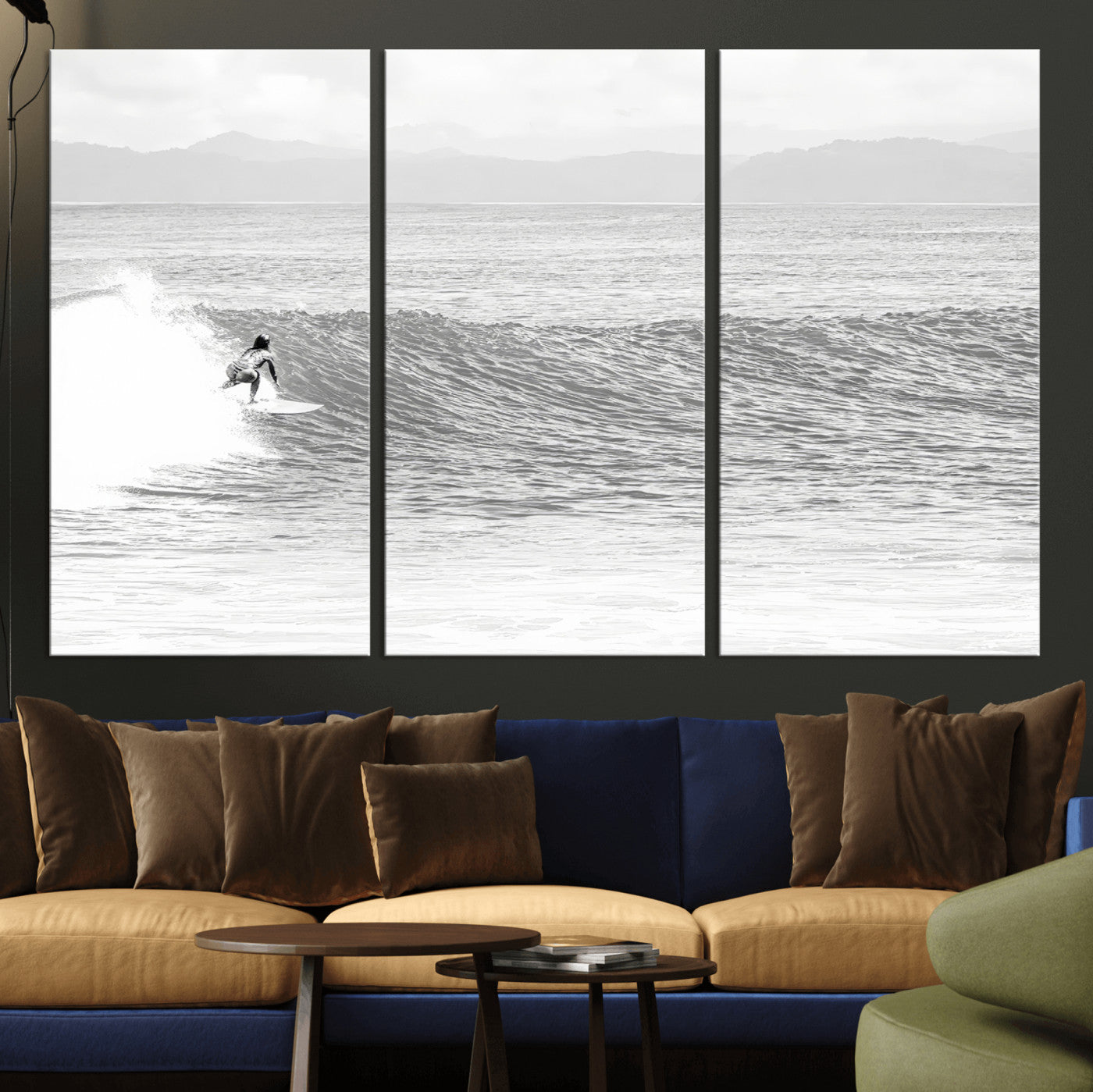 81535128-MGV-CV-36X24-Surfer Woman Wall Art Canvas Print, Framed Black Ocean Art Picture Print, Ocean Surfing Perfect Monochrome Coastal Decor Artwork