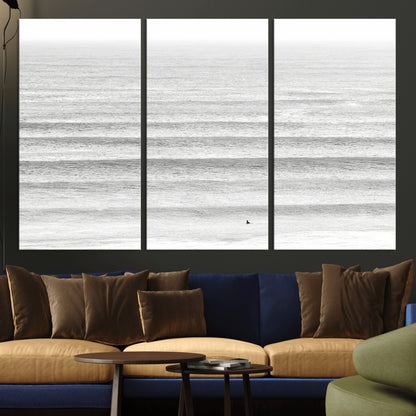 66534476-MGV-CV-36X24-Lone Surfer Wall Art Canvas Print, Framed Ocean Waves Art Picture Print, Minimal Sea Perfect Minimal Coastal Decor Artwork