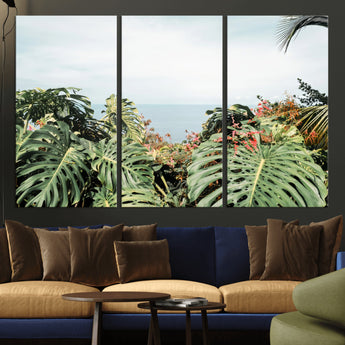 45700479-MGV-CV-36X24-Monstera Leaves Wall Art Canvas Print, Framed Tropical Ocean Art Picture Print, Tropical Foliage Perfect Tropical Coastal Jungle
