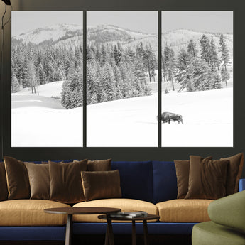 68081143-MGV-CV-36X24-Snowy Bison Wall Art Canvas Print, Framed Winter Forest Art Picture Print, Lone Bison Perfect Monochrome Winter Wild Decor Artwork