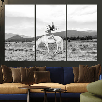 62789800-MGV-CV-36X24-White Horse Wall Art Canvas Print, Framed Woman Rider Art Picture Print, Equestrian Pose Perfect Western Boho Decor Artwork