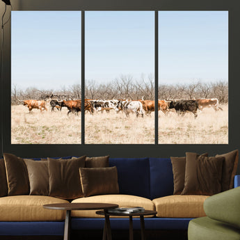 16563092-MGV-CV-36X24-Texas Longhorns Wall Art Canvas Print, Framed Western Cattles Art Picture Print, Rustic Herd Perfect Rustic Farmhouse Decor