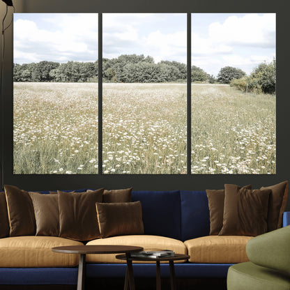 43258946-MGV-CV-36X24-Daisy Field Wall Art Canvas Print, Framed Pastel Flower Art Picture Print, Meadow Bloom Perfect Scandinavian Minimalist Decor