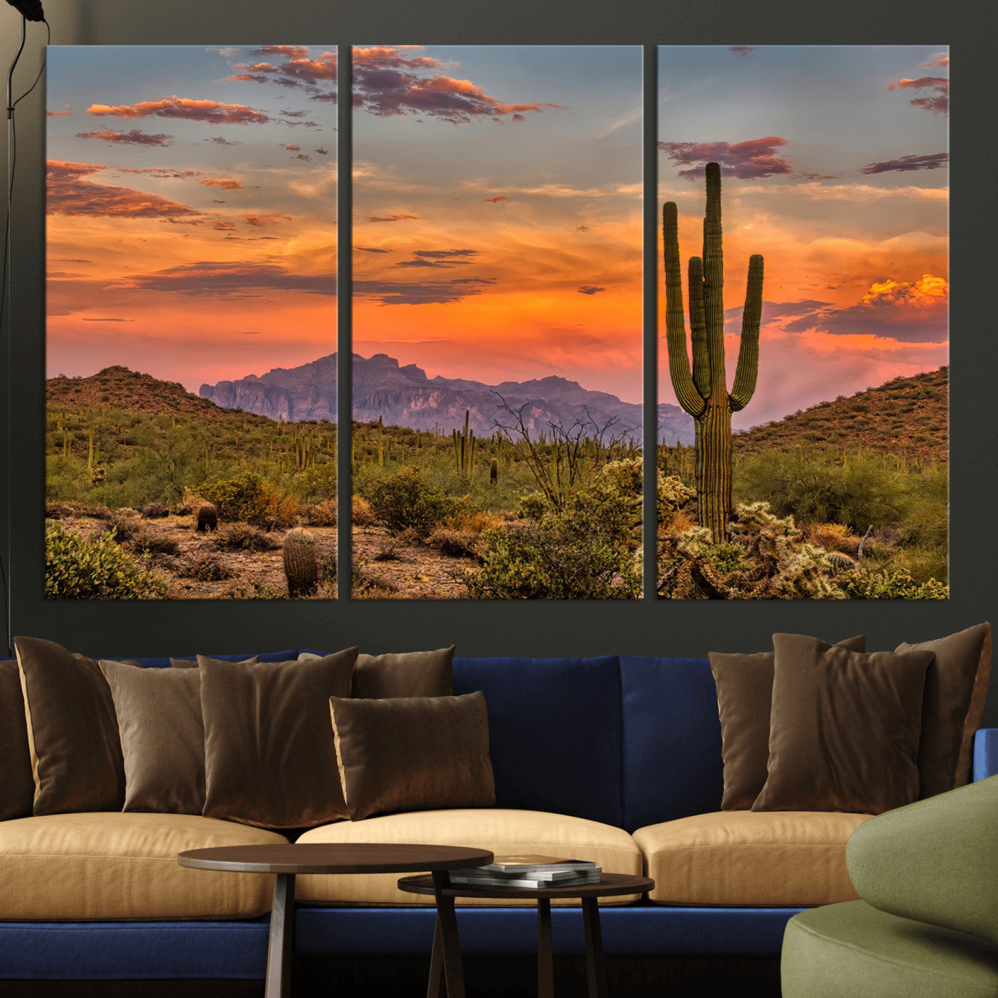 25332783-MGV-CV-36X24-Saguaro Cactus Wall Art Canvas Print, Framed Arizona Sunset Art Picture Print, Sonoran Desert Perfect Southwestern Boho Decor