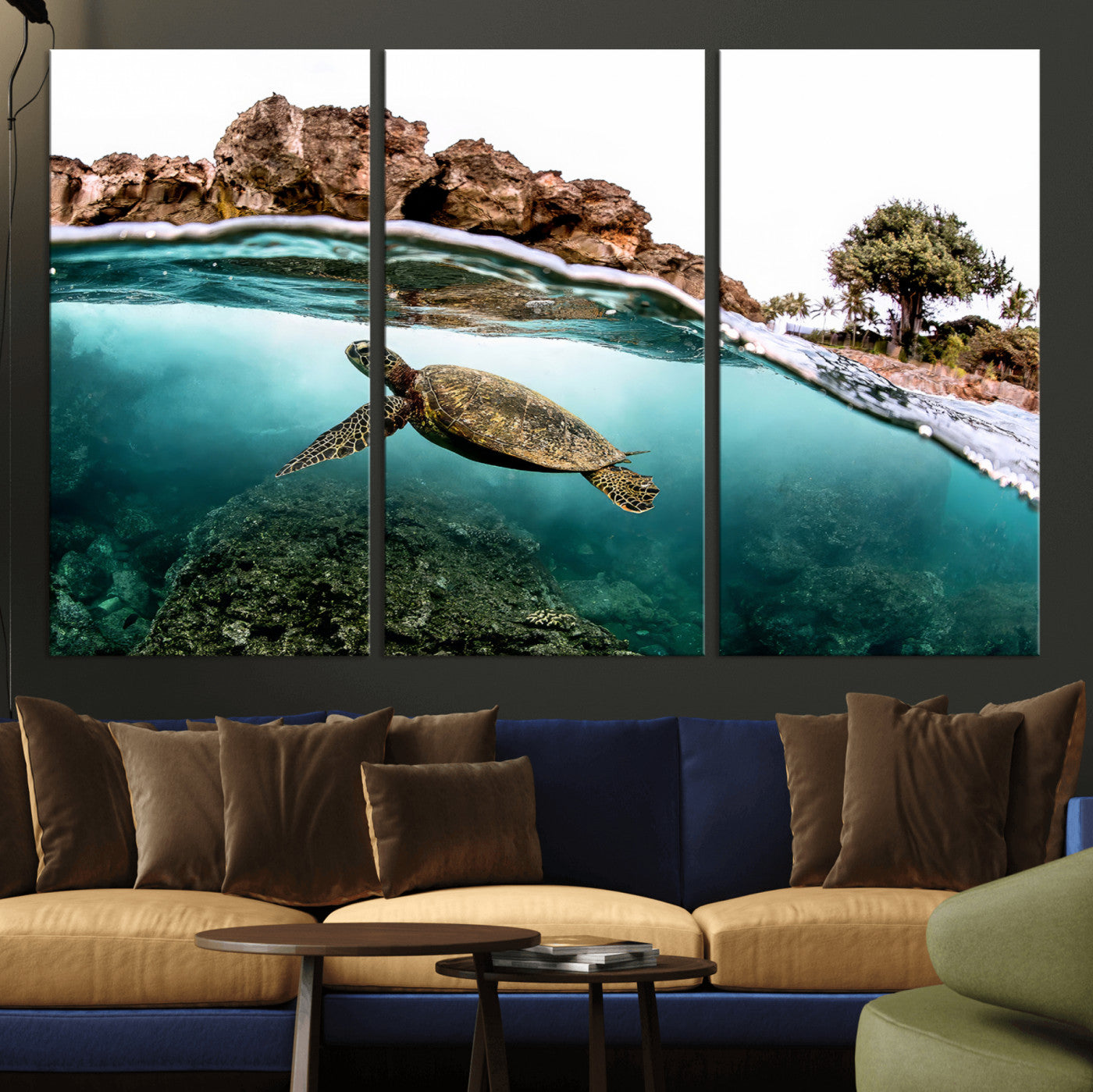 44200301-MGV-CV-36X24-Sea Turtle Swim Wall Art Canvas Print, Framed Ocean Life Art Picture Print, Tropical Shoreline Perfect Tropical Coastal Decor