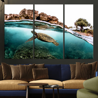 44200301-MGV-CV-36X24-Sea Turtle Swim Wall Art Canvas Print, Framed Ocean Life Art Picture Print, Tropical Shoreline Perfect Tropical Coastal Decor