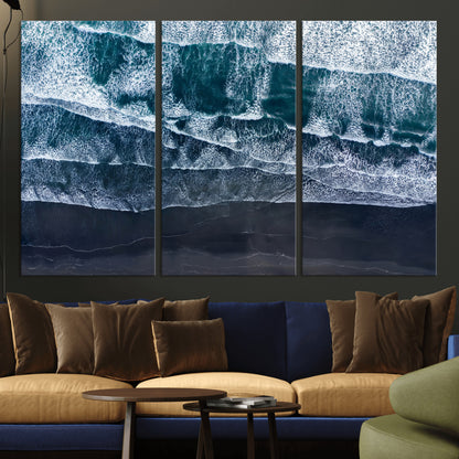 87941475-MGV-CV-36X24-Black Beach Wall Art Canvas Print, Framed Aerial Ocean Art Picture Print, Moody Coastal Perfect Modern Coastal Decor Artwork